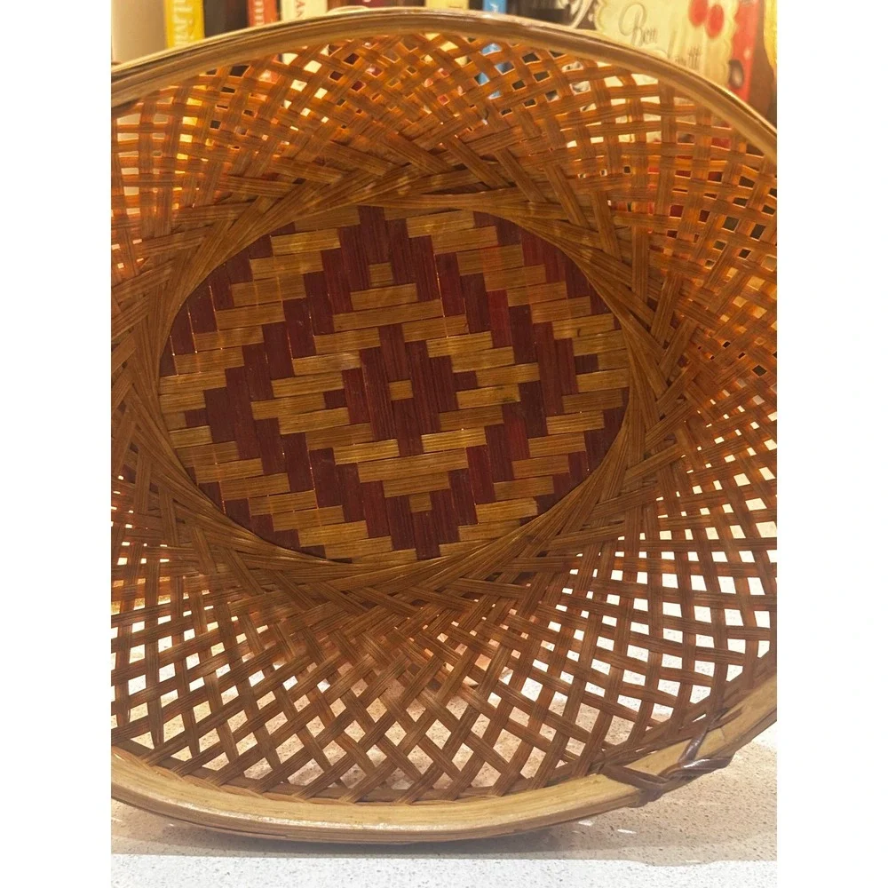 Vintage Woven Bamboo Basket Oval Lattice Diamond Pattern Boho Decor